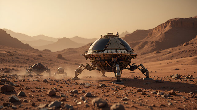 Mars landing space capsule on martian surface.