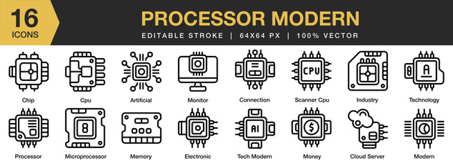Processor Modern icon set. Editable Stroke Icon Collection. Includes processor, technology, computer, modern, data, and More. Outline icons vector collection.