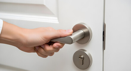 Close-up of hand turning stainless steel door handle on white wooden door