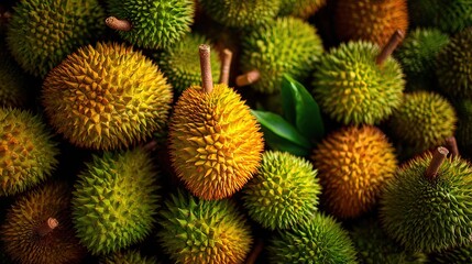 Fototapeta premium lose-up of a towering pile of spiky durian fruits, golden-brown husks and creamy flesh