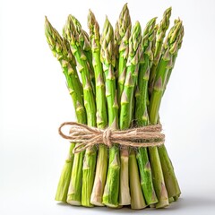 Bunch of fresh green asparagus tied with twine isolated on white background