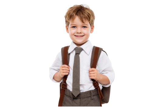 Happy young schoolboy with blond hair and blue eyes wearing a tie and backpack.