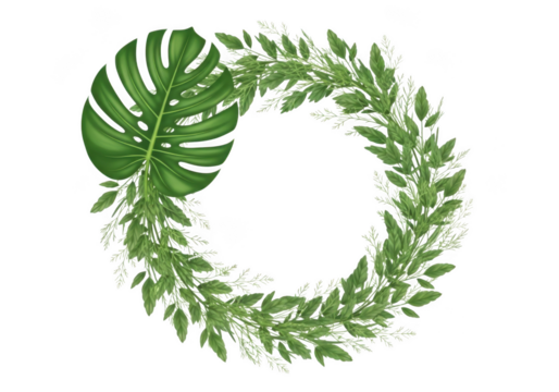Green leafy wreath with a large monstera leaf forming the letter o isolated on transparent background