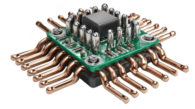 Intricate green circuit board with copper and silver wiring, a closeup view of electronic connections.