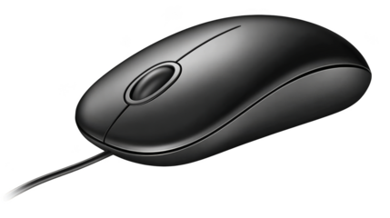Closeup of a modern computer mouse with prominent black button, detailed view.