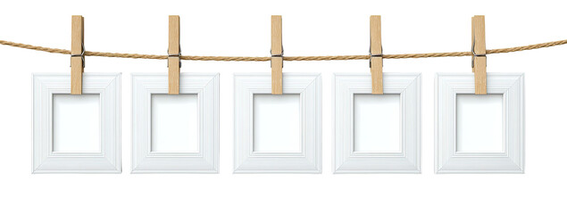Five small, white square picture frames hang from a light brown rope using wooden clothespins