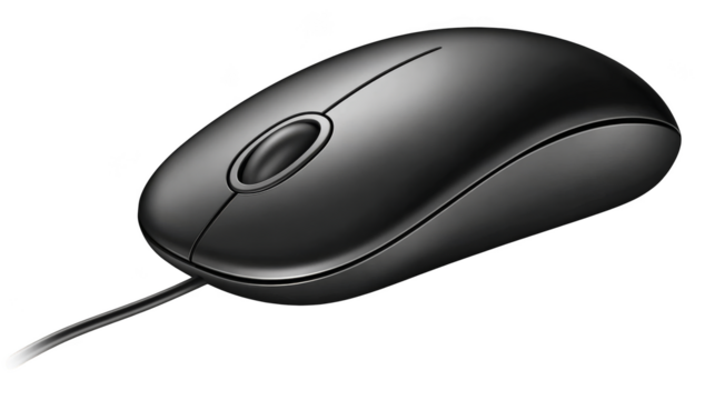 Closeup of a modern computer mouse with prominent black button, detailed view.