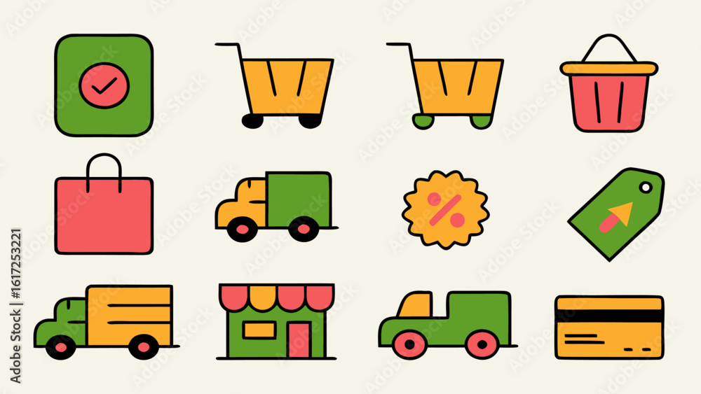 Aufkleber comprehensive collection of line art symbols representing various aspects of online retail and digit