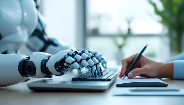 An office desk with a robotic arm typing on a keyboard next to a human hand holding a pen, clean minimal background, high-tech,, symbolic workplace automation, no human face shown