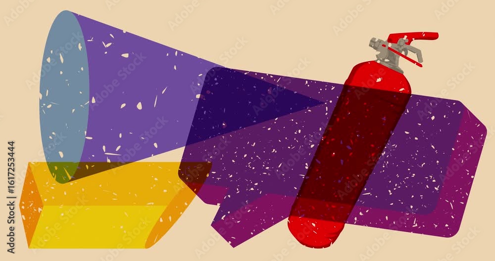 Poster risograph fire extinguisher and speech bubble with geometric shapes animation. moving object in tren