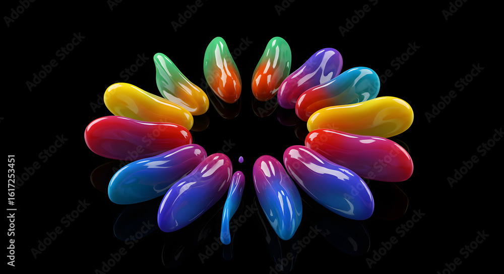Poster vibrant chromatic bloom: an abstract rendering of iridescent bean-shaped forms on black