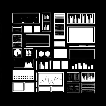 A collection of various white data visualization elements on a black background in a grid like pattern