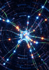 Obraz premium A complex neural network, resembling a brain cell, pulsates with bright blue, orange, and green connections, illustrating intricate digital thought processes