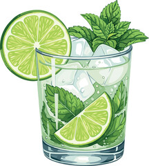 Watercolor illustration of a refreshing Mojito cocktail with mint and lime.