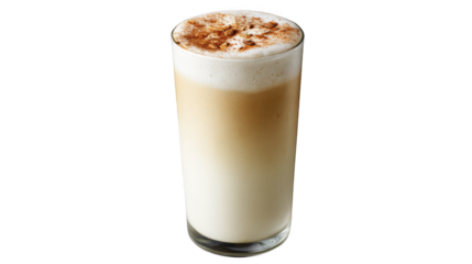 A Tall Glass of Latte or Spiced Milk Tea with Foam and Cinnamon Dusting, Isolated on a White Background.