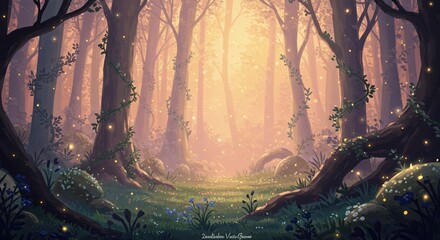 Fototapeta premium Enchanted Forest Illustration with Fireflies, Trees, and Magical Light