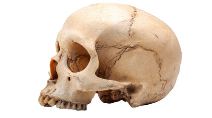 Fototapeta premium The silent witness, a detailed examination of human skull with missing jawbone, exploring themes of mortality and decay.