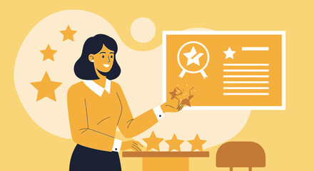 Positive feedback and recognition concept, woman presenting high achievements with star rating and certificate illustration