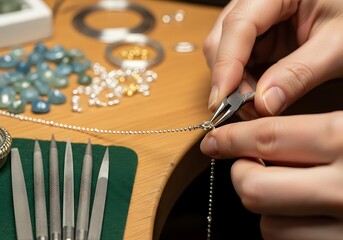 eweler's Hands Using Pliers To Meticulously Craft A Delicate Silver Chain Necklace At A Wooden Workbench With Tools, Handmade Jewelry, Artisan Craft, Small Business