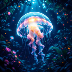 Naklejka premium A mesmerizing, glowing jellyfish with luminous tentacles floats amidst dark