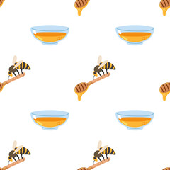 Creative pattern with bees, honey, and bowls on a white background for kitchen decor