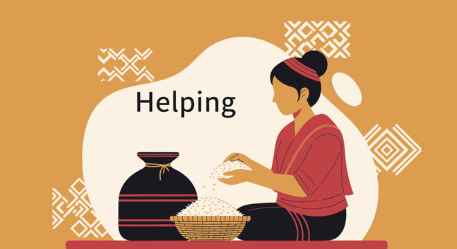 Traditional Woman Sorting Rice Donation Supporting Food Security Initiative