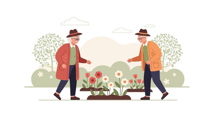Two elegant senior men walking in the park enjoying spring flowers illustration