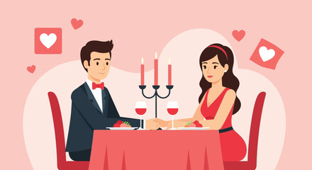 Obraz premium Romantic Dinner Illustration For Valentine's Day Celebration With Couple In Love