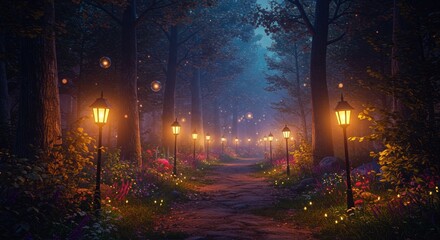 Obraz premium Enchanting Forest Path at Night Illuminated by Lanterns