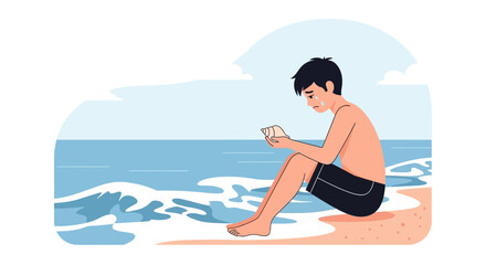 Fototapeta premium Sad Boy Sitting On The Beach While Looking At A Seashell In His Hands