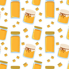 Colorful jars of honey in various sizes arranged in a playful pattern on a white background