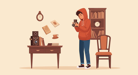 Vintage Photography Hobbyist Capturing Still Life Composition in Home Interior