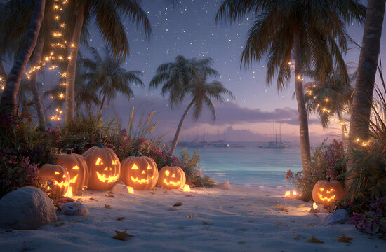 Artistic painting of Halloween pumpkin party AT the tropical Beach, Hawaiian island style - a carved glowing group of pumpkins jack-o'-lantern sitting on a tropical beach at sunrise. 3D illustration