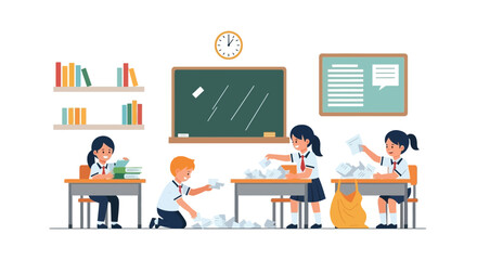 Fototapeta premium School Kids Clearing Paper Trash After Class Cleaning Classroom Together