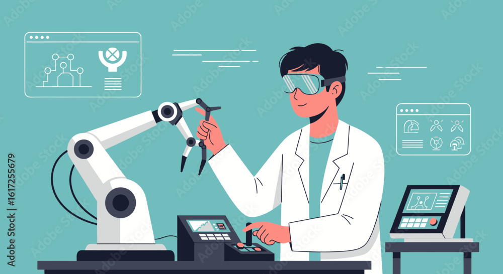 Poster scientist controls advanced robotic arm in modern technology lab setting