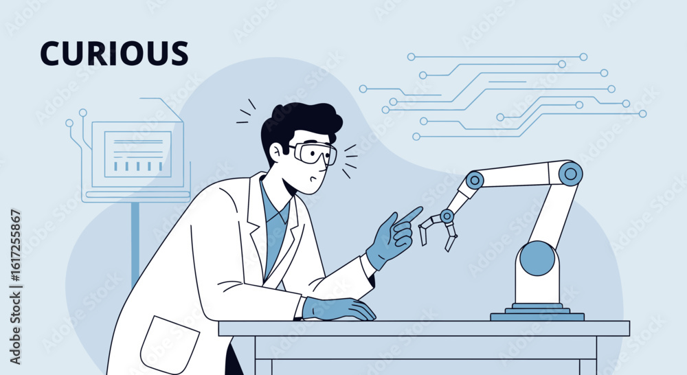 Poster scientist interacting with robotic arm in lab setting, depicts artificial intelligence