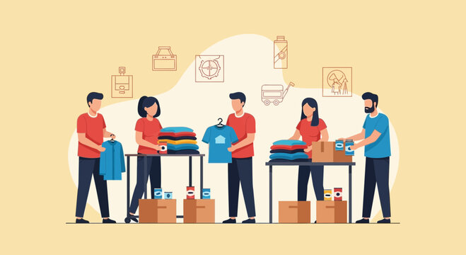 Volunteers sorting and packing donations, illustrating community support and charitable giving effort