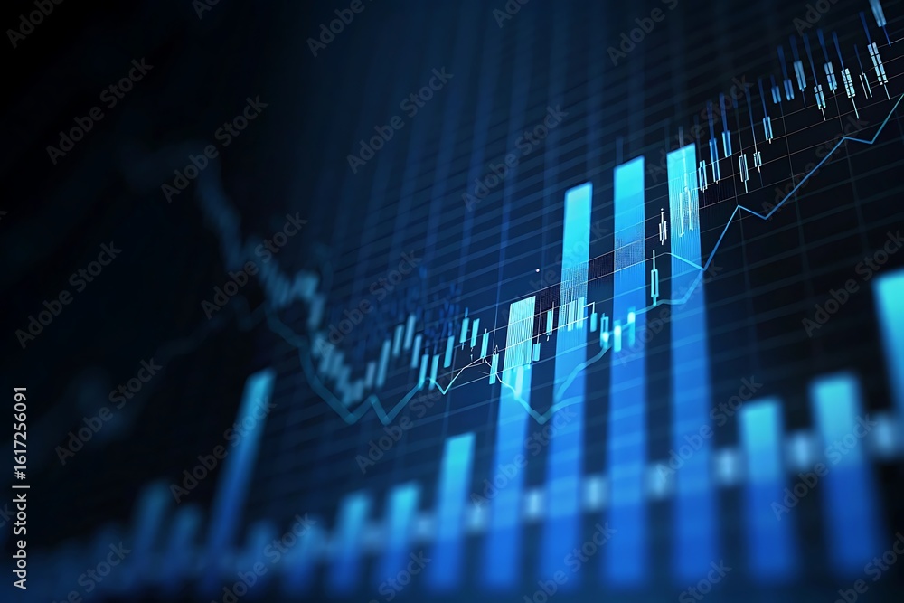 Poster abstract blue financial chart with uptrend line and bar graph elements