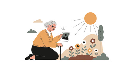 Senior Woman Reminiscing Memories While Sitting in Her Flower Garden Alone