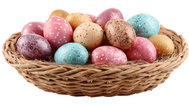 Colorful easter eggs in a basket, celebration of springtime and renewal vibrant.