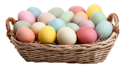 Rustic charm, a basket of fresh farm eggs in country setting.