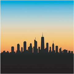 Fototapeta premium Modern city skyline silhouette at dusk or dawn, featuring tall buildings and urban architecture against a vibrant gradient sky. Vector illustration representing metropolitan life.