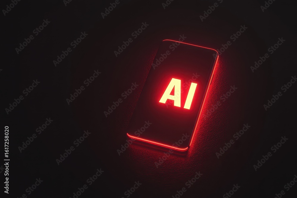 Poster neon red illuminated smartphone displaying ai.