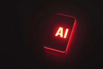 Neon red illuminated smartphone displaying AI.