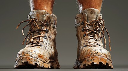 Muddy hiking boots wellworn and soiled