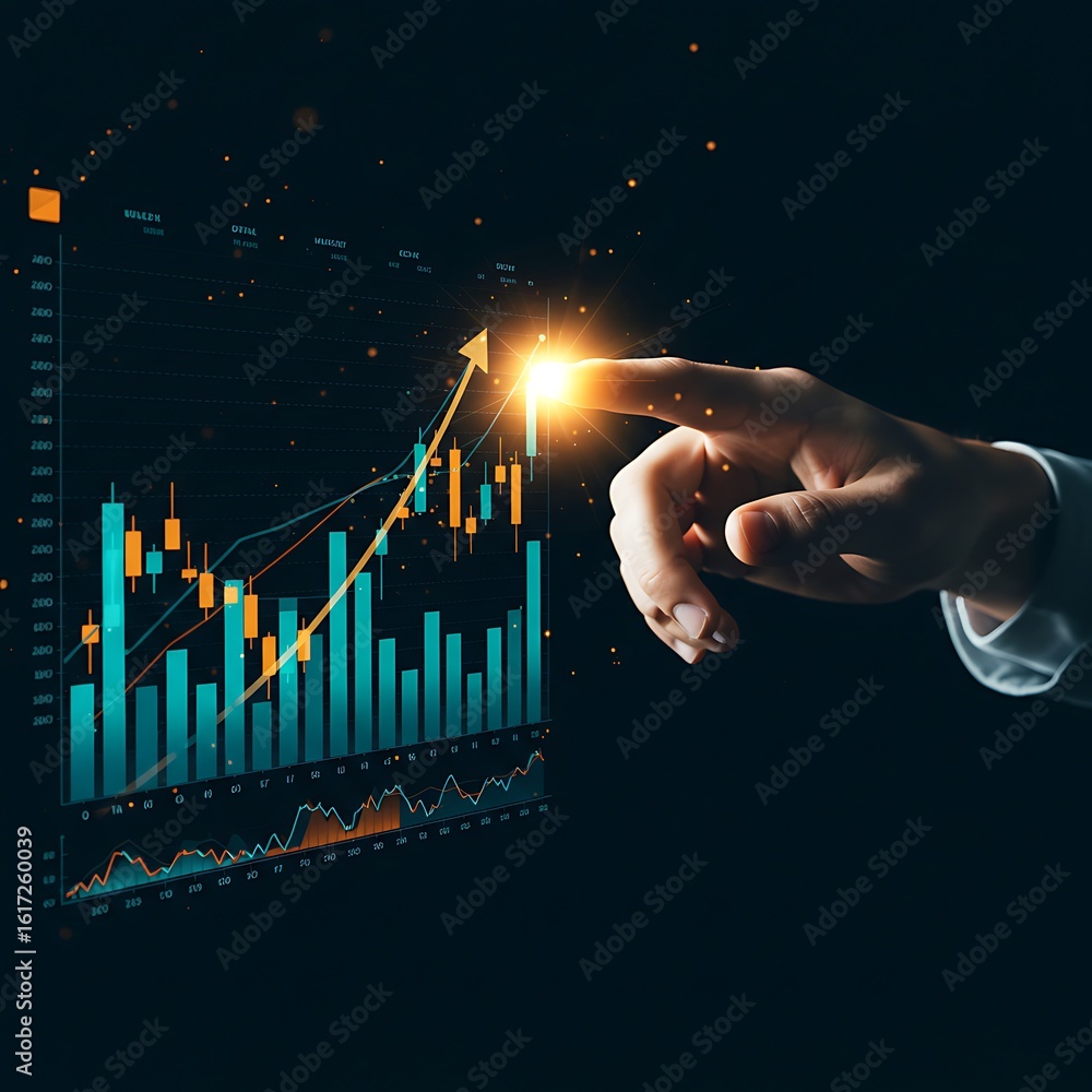 Poster analyzing financial growth data with interactive digital interface and hand gesture