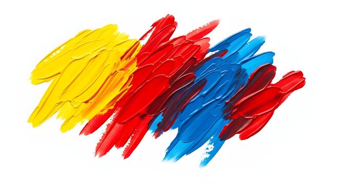 Expressive brushstrokes of primary colors. Abstract background with yellow, red, and blue acrylic paint texture isolated on white.