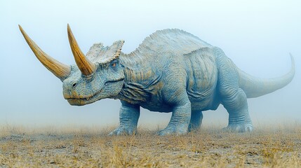 Fototapeta premium Majestic Blue Ceratopsian with Golden Horns in Ethereal Fog