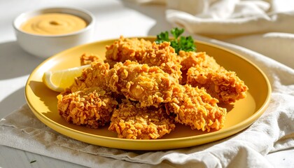 Cornflake‑Crusted Chicken with Dipping Sauce on Muted Yellow Plate and Linen Napkin in Diffused Daylight