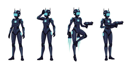 Futuristic Female Robot in Various Poses, Armed and Ready